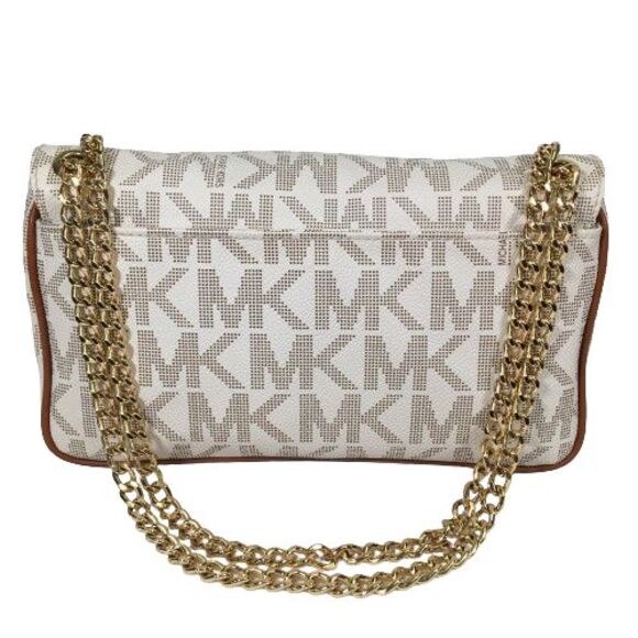 Michael Kors Hamilton Flap Vanilla Monogram Tan Leather Gold Chain Shoulder Bag - Picture 4 of 16